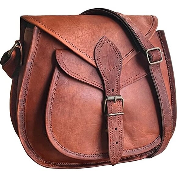 𝅺NEW Leather Brown Vintage Satchel Handbag Purse Top Handle Tote Travel Nwt - Picture 1 of 7